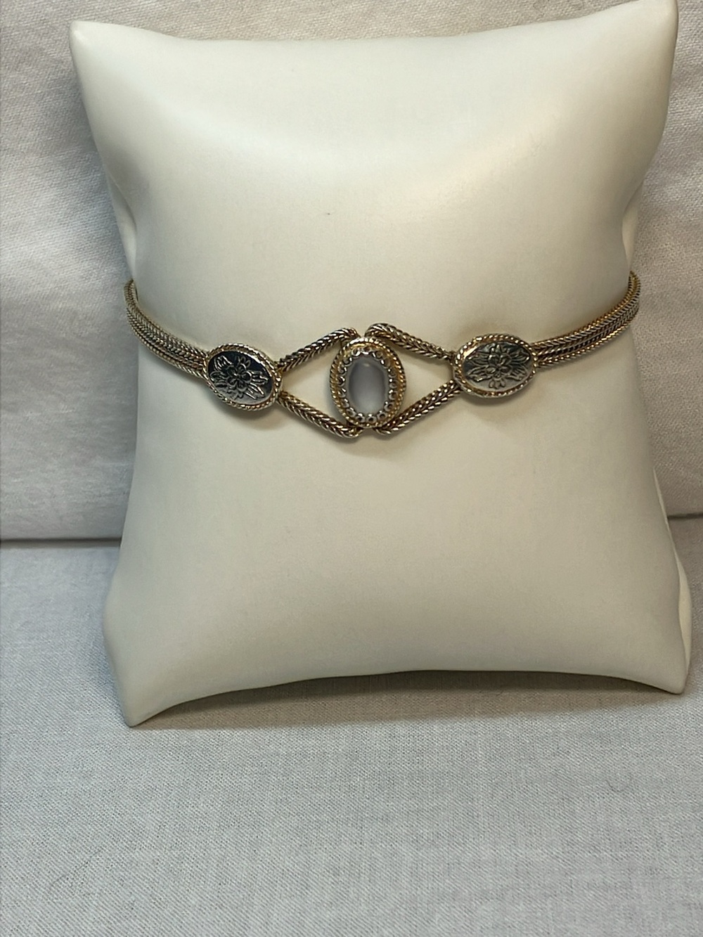 Vintage Sterling Silver Moonstone Double Wheat Chain Bracelet
